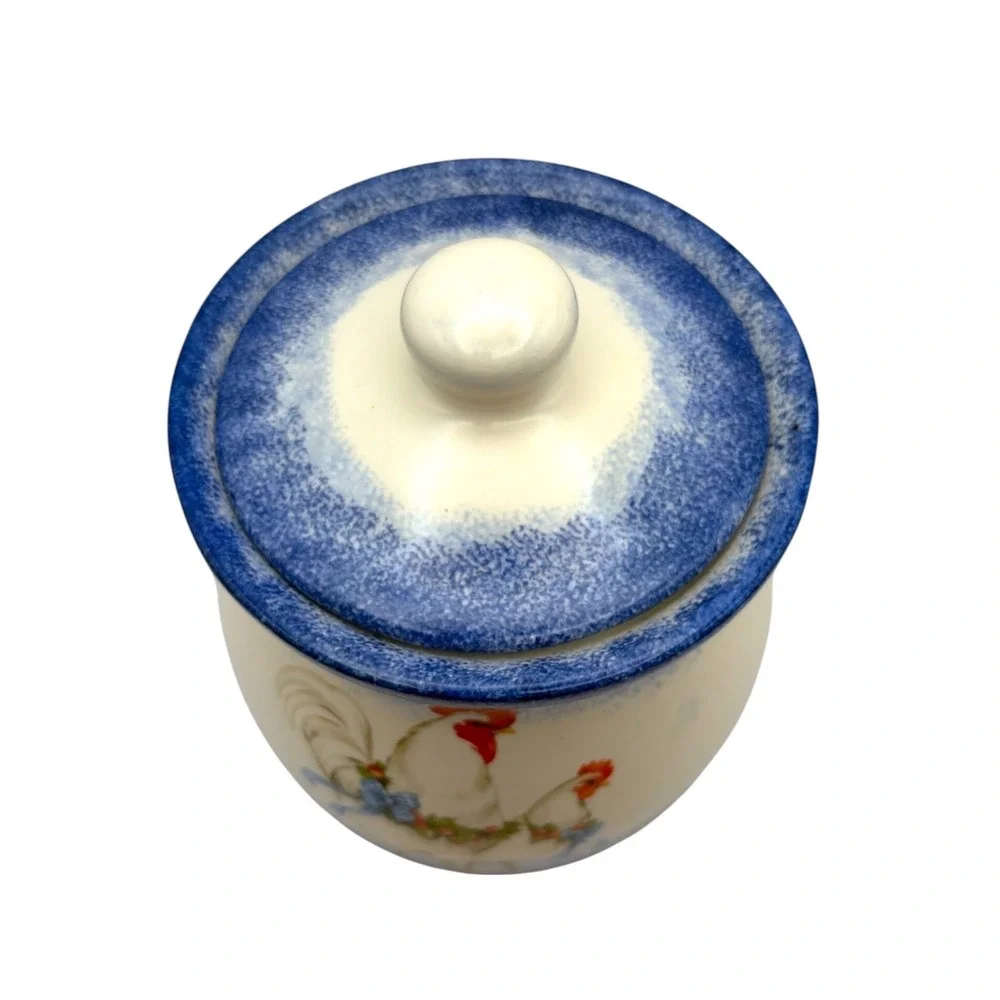 Vintage Ceramic Rooster Hen Storage Jar Lid Blue Chicken Farmhouse Canister 7